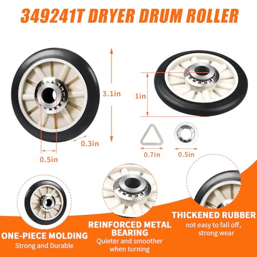 4392065 Dryer Repair Kit with 341241 Dryer Belt 691366 Idler Pulley 349241T Drum Roller Replacement for Whirlpool Kenmore Maytag Amana Dryer Parts, Replaces AP6010582 WP691366 AP3131942, wed4815ew1