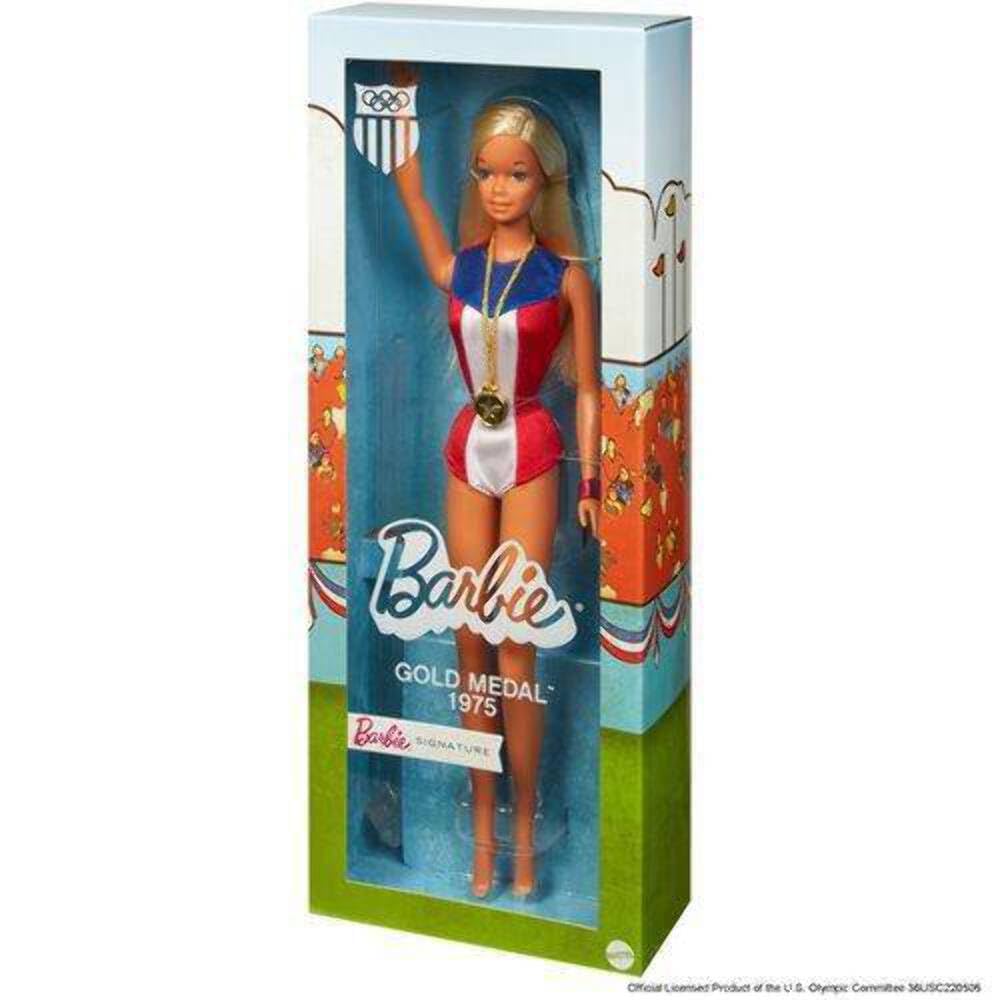 Barbie 1975 Gold Medal Doll Reproduction, Wearing Olympics-Themed One-Piece and Gold Medal Accessory. with Doll Stand and Certificate of Authenticity, Gift for Collectors
