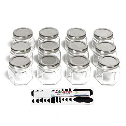 Hexagon Glass Jars for Spice Storage, Candy, Canning - 4 oz, 12 Jar Bulk Set - Containers with Silver Lids + Chalkboard Sticker Labels and Chalk Pens - Make DIY Jam, Candles, Honey, Herbs, Spices