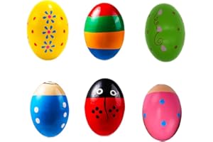 ANGJINY 6 Pack Easter Egg Shakers Maracas Natural, Wooden Musical Stocking Stuffers Percussion Instruments - basket Stuffers Easter Gift