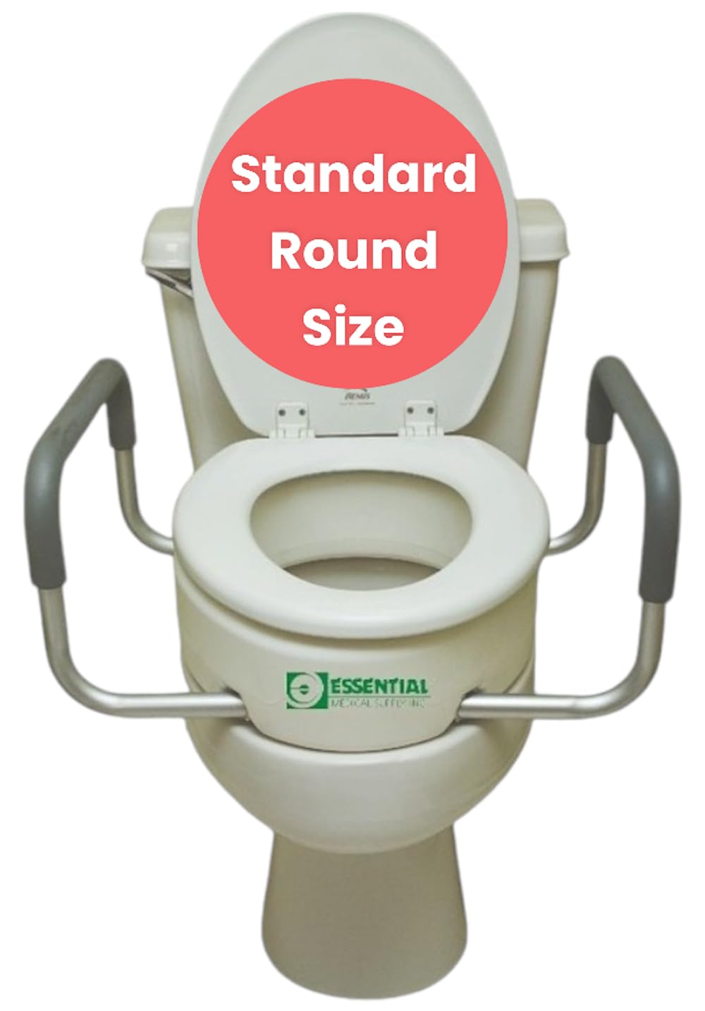 Essential Medical Supply Raised Elevated Toilet Seat Riser for a Standard Round Toilet with Padded Aluminum Arms for Support and Compatible with Existing Seat, Standard, 17.5 x 13.5 x 3.5 Inch