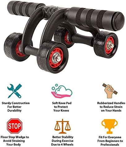 Dealcrox Upgraded 4-Wheel Ab Roller with Knee Mat and Floor Wedge - Abdominal Workout Fitness Exercise Equipment