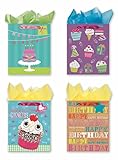 4 Large Party Gift Bags, Birthday Gift Bags - Set of 4 Happy Birthday Gift Bags w/Tags & Tissue Paper
