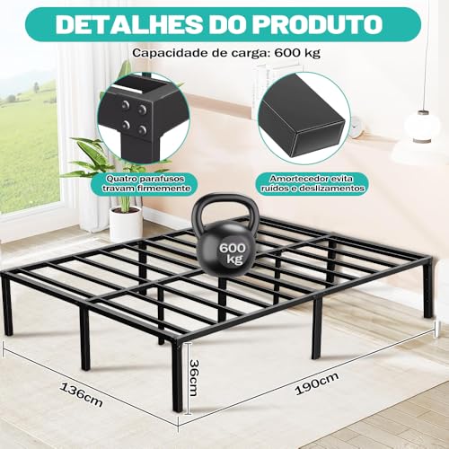 190 * 136 * 36 Cm Base Cama Casal, Estrutura de Cama de Casal Em Metal, Com Suportes de Ripas, Grande Espaço Embaixo da Cama