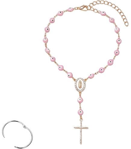 Car Rosary For Rearview Mirror - Pink Catholic Rosary Beads With Sparkling Cross Auto Hanging Ornament