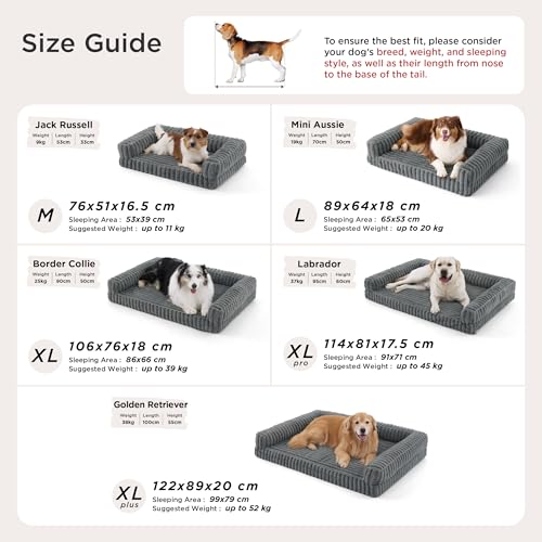 Bedsure Large Orthopedic Dog Bed – 89 x 64 x 18 cm Sofa Dog Beds with Memory Foam and Edges, Waterproof, Non-Slip Base, Removable and Washable Corduroy Cover, Grey