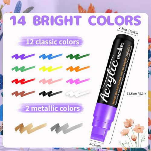 14 Colors Jumbo Acrylic Markers, 15mm Wide Tip Acrylic Marker, 3 in 1 Acrylic Paint Markers for Stones Wood Canvas Glass Cups, Acrylic Felt Suitable for Most Surfaces