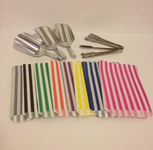 Wedding Sweet Table Kit x2 Scoops x2 Tongs & 100 Candy Stripe 5"x7" Sweet Bags (Choose Sweet Bag Colour: Pink Blue Purple Red Green Grey Black Yellow) Candy Bar Buffet (Blue)