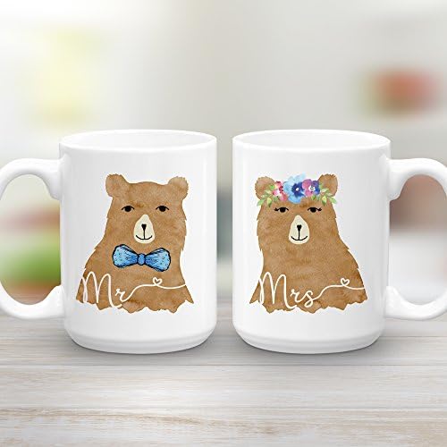 Mr and Mrs Mug Set, Bear Mugs, Wedding Engagement Gift, 2 15 oz Mugs