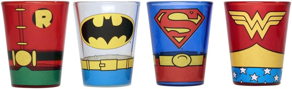 Silver Buffalo DC031SG8 DC Comics Superheroes Uniforms Mini Glass Set, 4-Pack