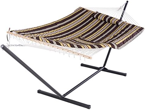 SUNCREAT Cotton Rope Hammock with 12 Foot Steel Stand, includes Pad and Pillow, iPad Bag and Cup Holder-Desert Stripe