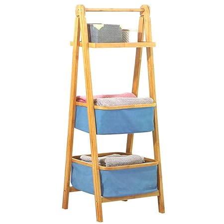 Klappbares Ablageregal mit 2 Körben +1 Etage - Exotischer Stil, farbig - Farbe HOLZ und BLAU