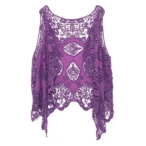jastie Open Stitch Cardigan Boho Hippie Crochet Vest (Purple)