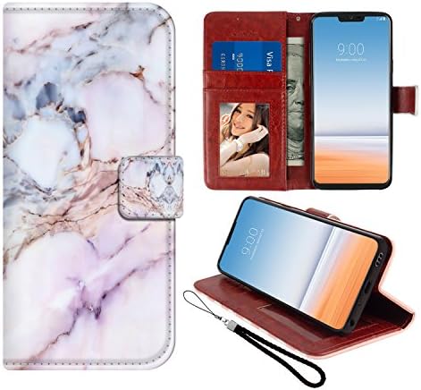 LG G7 Case, LG G7 ThinQ Wallet Case Luxury PU Leather Wallet Flip Protective Case Cover with Card Slots and Stand and Free Wrist Strap for LG G7/LG G7 ThinQ[Pink Marble]