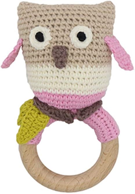 Amazon Co Jp かぎ針編みのフクロウの赤ちゃんガラガラ木製おしゃぶり手作り動物形噛むおもちゃビスフェノールa無料木製歯が生えるケアギフト 赤ちゃんおしゃぶり ホーム キッチン