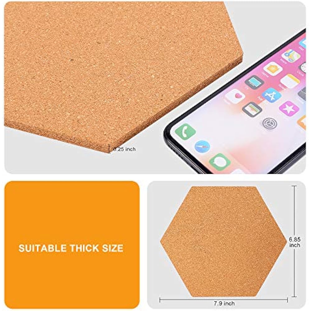 Hexagon Cork Board Tiles 8 Pack Full Sticky Back, Mini Wall Bulletin