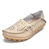 Temofon Women's Leather Loafers Casual Flats Driving Moccasins Indoor Shoes Slip-On Slippers Beige 9