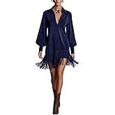 LAOMIT Women's Suede Fringe Hem Shirt Dress V Neck Long Puff Sleeve Boho Casual Western Tassel Mini Dress