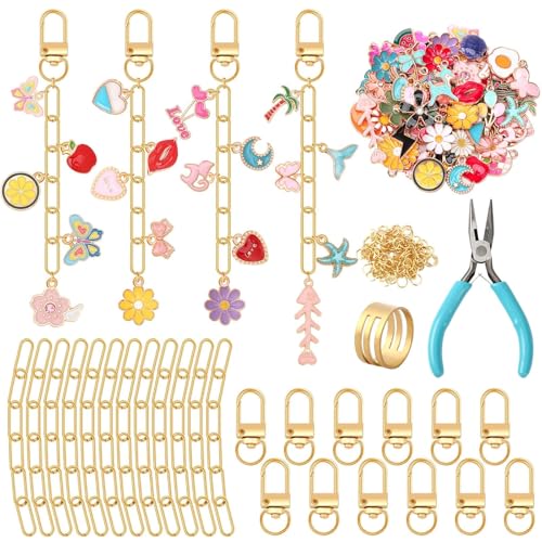 159Pcs Keychain Making Kit, Charm Jewelry Chain Making Crafts Including 30 Charms 12 Keychain Clips Hooks 15 Extender Chains 100 Jump Ring and Jewelry Plier for Crafts