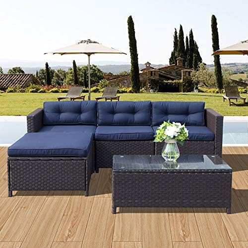 PATIOROMA Patio Conversation Set, 5 Piece Outdoor Sectional Furniture Dark Brown Rattan Wcker Patio Furniture with Blue Cushion, Porch/Garden/ Balcony/Outside Furniture