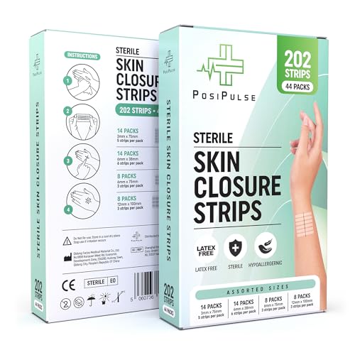 Posi Pulse Sterile Skin Wound Closure Strips. 202 Strips in 44 Packs - Improved Healing, Reinforced Design, Latex-Free, Adhesive Backed, for Lacerations, Incisions, Sutures, 3x75,6x38,6x75,12x100mm