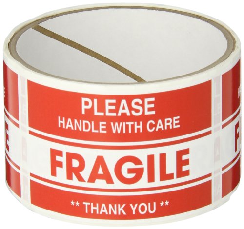TapeCase Shipping Packing Labels "Please Handle With Care / Fragile / Thank You", Red/White (50 Per Pack)