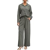 kaimimei Women's Linen 2 Piece Outfits Loungewear Set Button Down Shirt Wide Leg Pants with Pockets Comfortable Casual