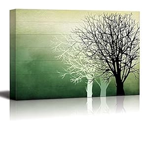 Silhouette Trees Over Green Watercolor Wood Panels