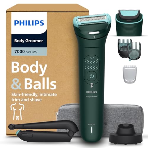 Philips Bodygroom serie 7000 - Rifinitore per uomo, testina flessibile 2D tripla protezione, Testine intercambiabili, Rifinitura e rasatura intima, Impermeabile 100%, 120 minuti autonomia, BG7485/30