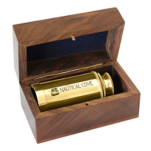 Nautical Cove Pirate Telescope Handheld Brass with Wooden Box For Kids, Props, and Costumes (6")
