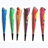 India Tattoo Ointment Kit, Conical Temporary Art Tattoos Painting, 6 Color,1Pcs Bottle, 4Pcs Nozzles with Stencils(Random)