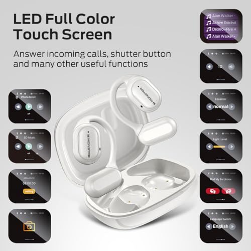 Monster Open Touch Pro 100, Open Ear Headphones Touch Screen Earbuds, Bluetooth Earbuds with ENC Clear Talk, Wireless Ear Buds Support TF Card, EQ Modes, Comfort Fit, IPX5, 30H Playback, White