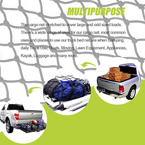 Angooni 4' x 6' Heavy Duty Cargo Nets for Pickup Trucks - Stretches to 8'x12', 4"x4" Mesh Holes Bungee Truck Bed Net with Premium Carabiners Clips