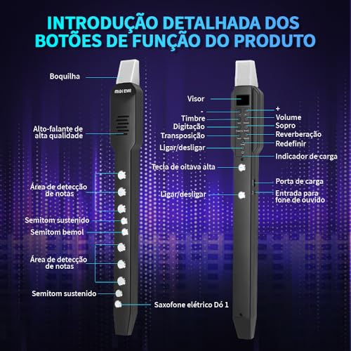 34CM, 800mAh, Instrumento de Sopro Eletrônico, Instrumento de Sopro Digital com 12 Tons E Conectividade MIDI, Mini Instrumento se Saxofone, Flauta Doce, Flauta, para IOS, para Android, para Windows