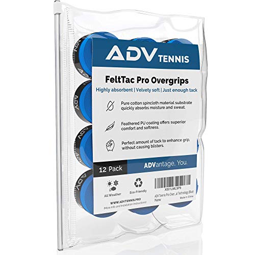 ADV FeltTac Dry Tennis Overgrips, Pro Grip Tape That Stays Dry & Absorbs Sweat with Velvety Comfort, Overgrip for Tennis Racquet, 12 Pack, Blue