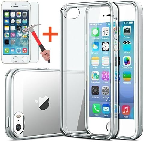 iPhone SE 5S 5 Case Full Body Protective Cover Shock-Absorption Bumper Anti-Scratch Bumper TPU Crystal Clear Back with Tempered Glass Screen Protector Lifetime Replacement Warranty