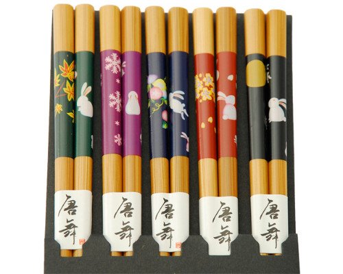 Japanese Chopsticks 5 Pair Set Dining Table Starter Kit Beautiful Gift Item Nicely Packaged (Moon Rabbit)
