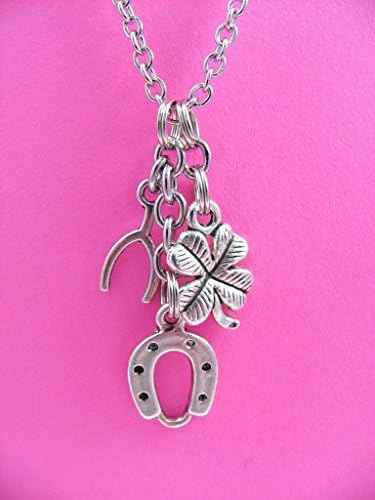 Lucky Charms Wishbone Horseshoe Four Leaf Clover Necklace
