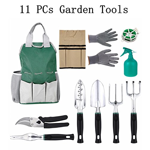 Fashine 9PCs/11PCs Garden Tools Set - Includes Trowel, Transplanter, Cultivator, Pruner, Weeder, Weeding Fork, Tote, Gloves, Tool Organizer Bag, Apron ETC.[US Stock] (11 PCs Green) - Thumbnail 7