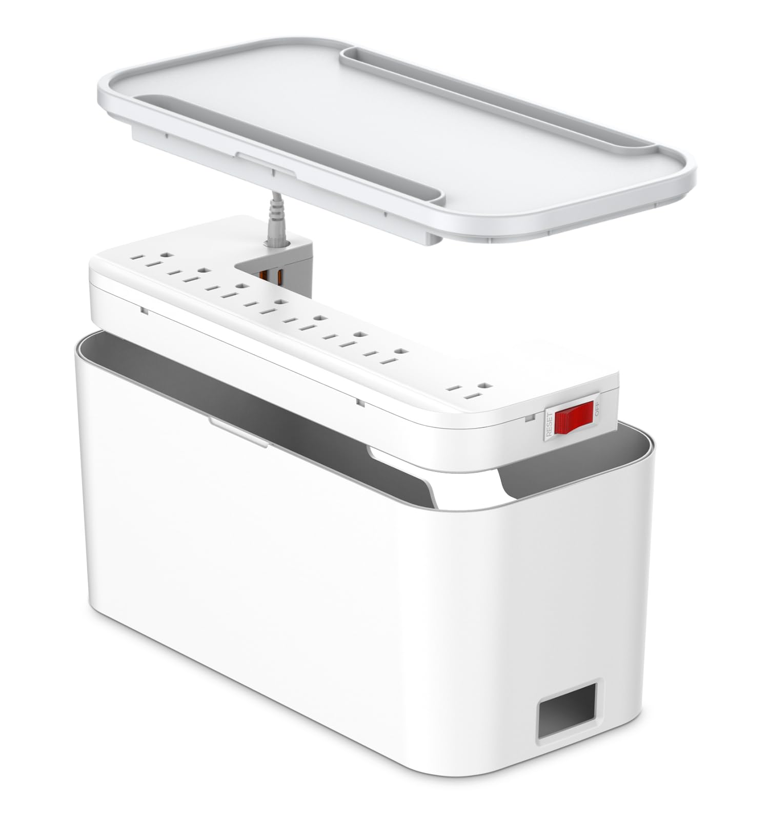 Photo 1 of Power Strip with Cable Management Box in Wireless Recharge,Cord Organizer with 5 Outlets 3 USB Ports and Tablet Stand Holder for Desk,Extension Cord Organizer Storage Outlet Hider for Home Office