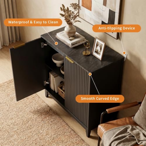 Cakhdry Credenza Bufetera con 2 Puertas, Alacena Pequeña para Cocina y Comedor, 80x40x82cm, Diseño Minimalista con Acabado de Madera Color Negro