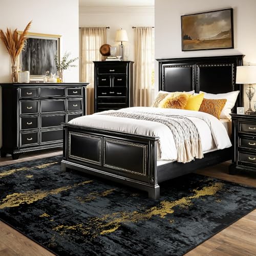 RELEANY Washable Area Rug 8'x10' Non-Slip Indoor Modern Abstract Low Pile Soft Carpet Rugs for Living Room Bedroom Home Entryway, Print Pattern, Dark Black Gold