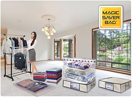 Magic Space Saver Premium Reusable Vacuum Storage Bags (Jumbo 6 Pack), Save 75% More Storage Space. Double Zip Seal & Leak Valve, Travel Hand Pump Included