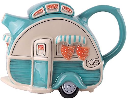 Blue Sky Decorative Handpainted Ceramic Retro Styled Camper Shaped Teapot