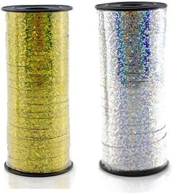 Fyess 2 PCS 100 Yard 5 mm Width Curling Ribbon Roll Metallic Balloon Ribbon String Craft Ribbon for Party Festival Gift Wrapping Florist Crafts and Gift Wrapping（Gold and Silver）