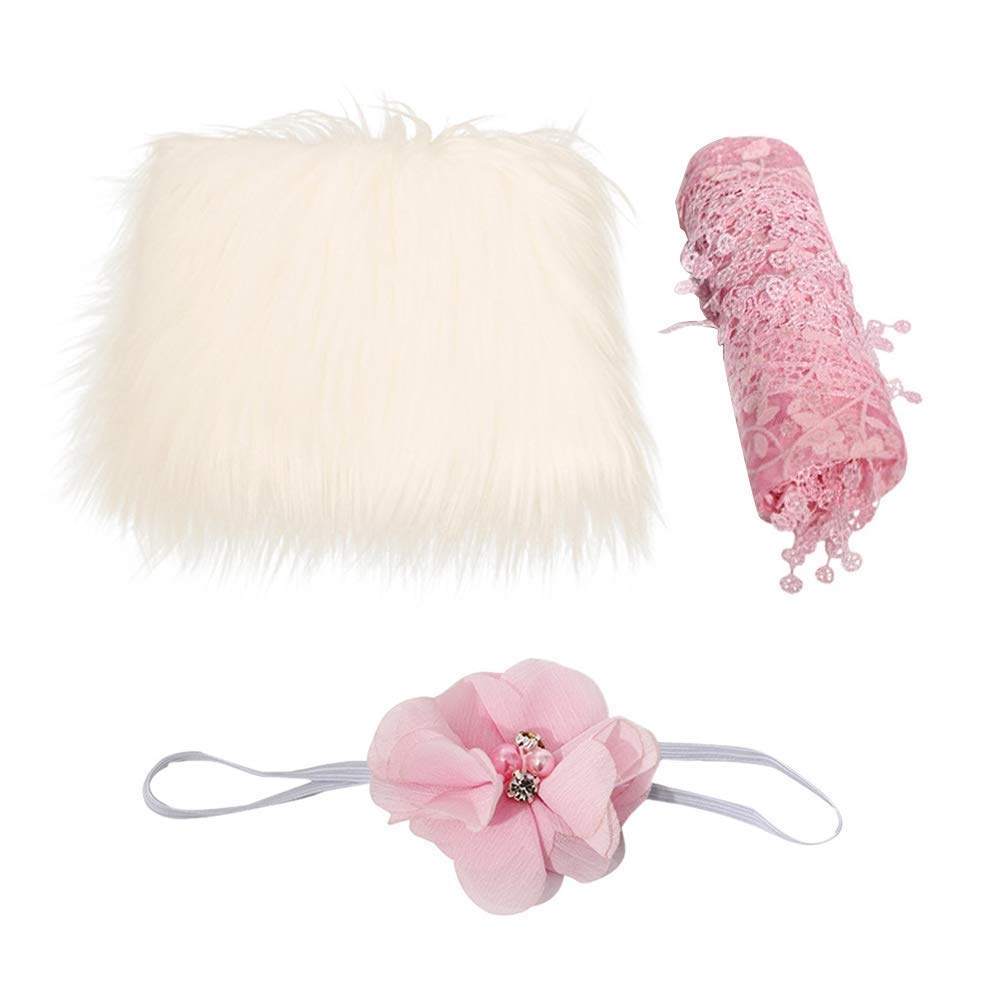 Amusingtao Newborn Photography Props - 3PCs/Set Baby Photography Wrap Infant Soft Blanket & Headband & Wrap Shaggy Area Rug Photo Prop for Boys Girls