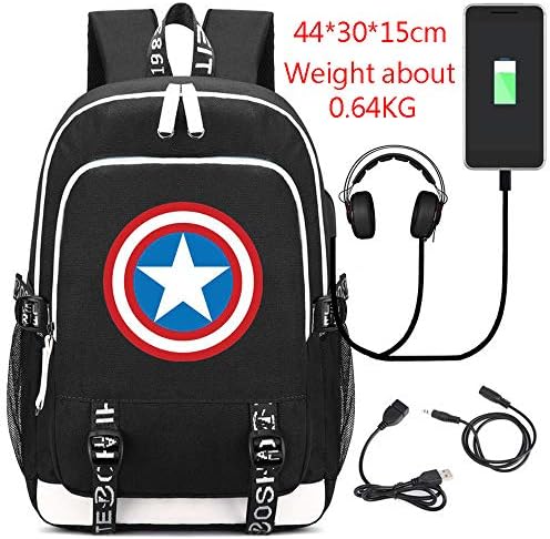 weyb Captain America Avengers Backpack USB Charging Backpack Student Backpack Computer Bag Travel Bag Black