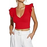 Ezbelle Women's Summer Shirts V Neck Crop Tops Ribbed Knit Tank Ruffle Sleeveless Top Sexy Blouse Ladies Clothes 2026