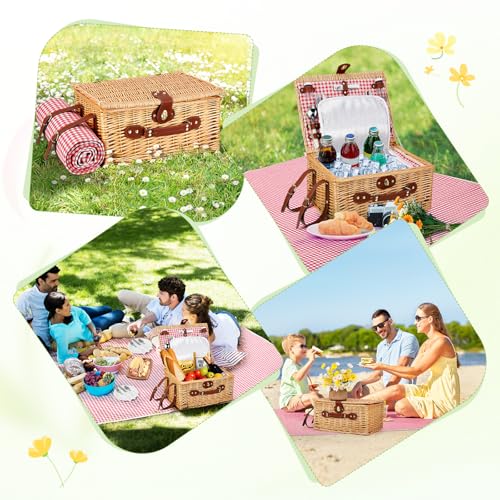 Wicker Picnic Basket Wicker Picnic Basket for 4 Person Woven Basket with Integrated Insulation and Waterproof Tarpaulin, Complete Set with 4 Cutlery, Plates, Glasses for Camping Garden BBQ