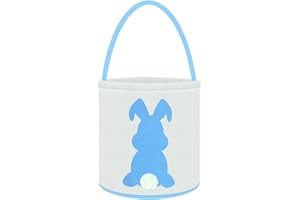 Doxrmuru Easter Bunny Basket Egg Bags for Kids Canvas Cotton Candy Egg Basket Rabbit Print Buckets with Fluffy Tail Gifts Bags for Easter (Blue)